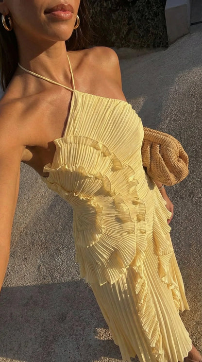 Vestido de Invitada de Boda Largo Fluido Elegante con Volantes
