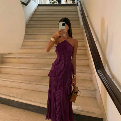 Vestido de Invitada de Boda Largo Fluido Elegante con Volantes