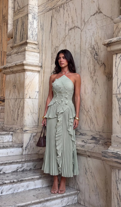 Vestido de Invitada de Boda Largo Fluido Elegante con Volantes