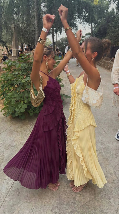 Vestido de Invitada de Boda Largo Fluido Elegante con Volantes