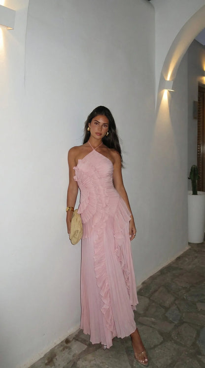 Vestido de Invitada de Boda Largo Fluido Elegante con Volantes