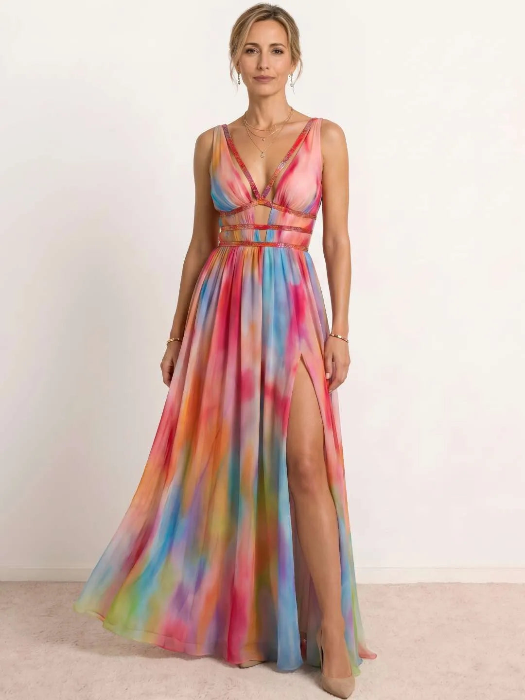 Vestido de Invitada de Boda Largo Fluido Estampado con Cut Out