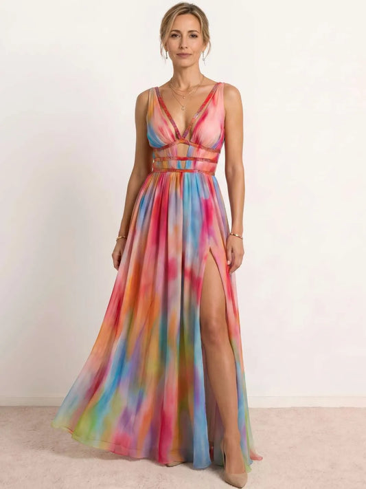 Vestido de Invitada de Boda Largo Fluido Estampado con Cut Out