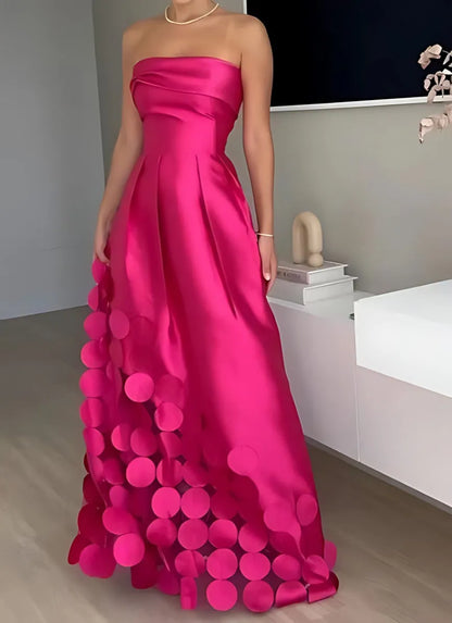 Vestido de Invitada de Boda Largo Fucsia Palabra de Honor con Lunares