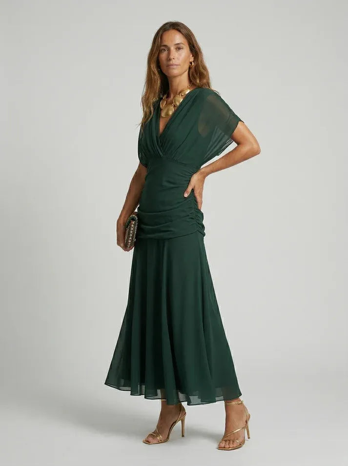 Vestido de Invitada de Boda Largo Hombros Descubiertos Elegante con Drapeado