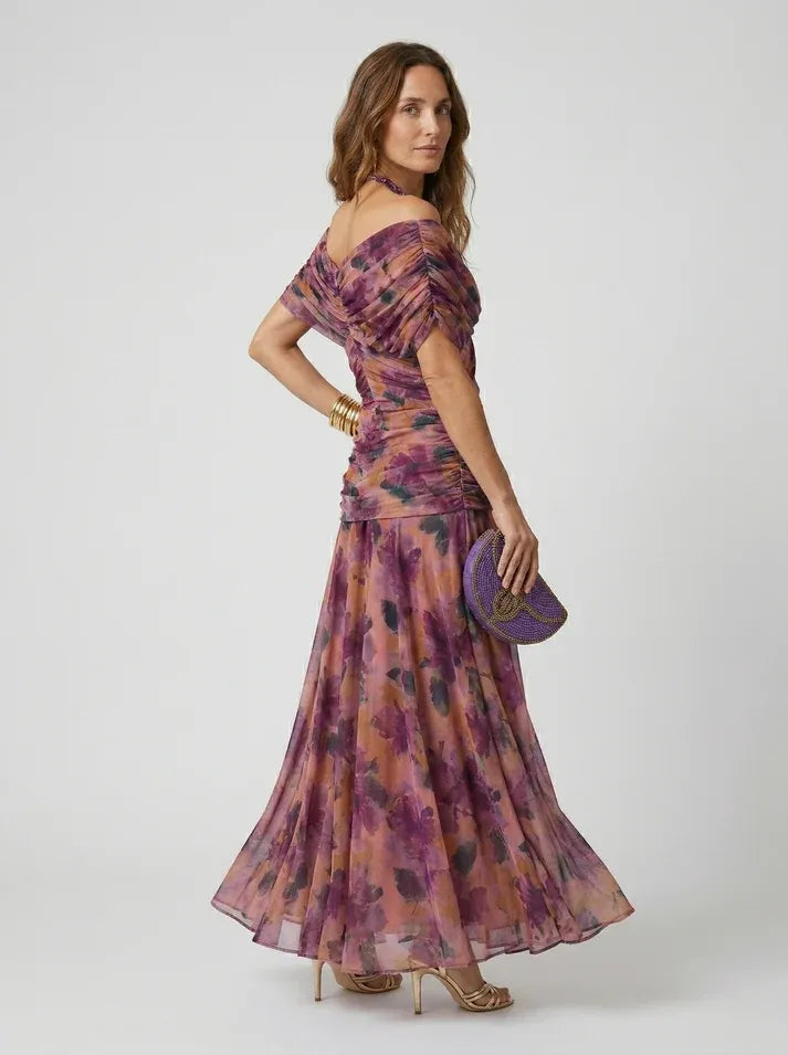 Vestido de Invitada de Boda Largo Hombros Descubiertos Elegante con Drapeado