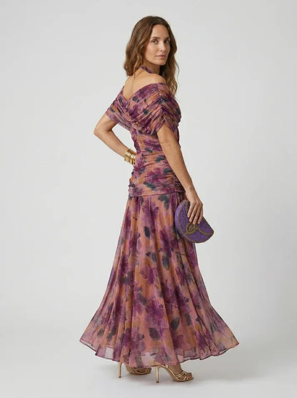 Vestido de Invitada de Boda Largo Hombros Descubiertos Elegante con Drapeado