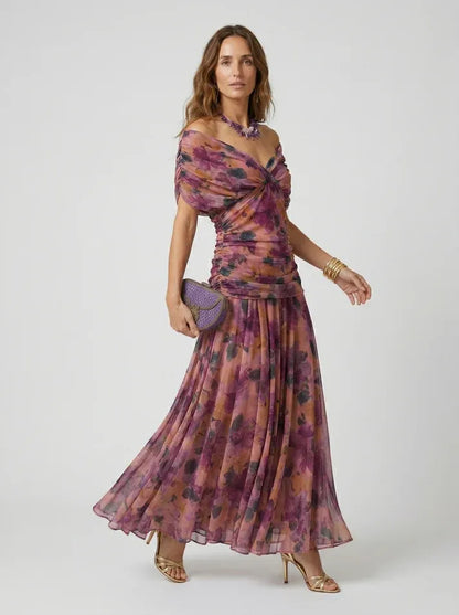 Vestido de Invitada de Boda Largo Hombros Descubiertos Elegante con Drapeado