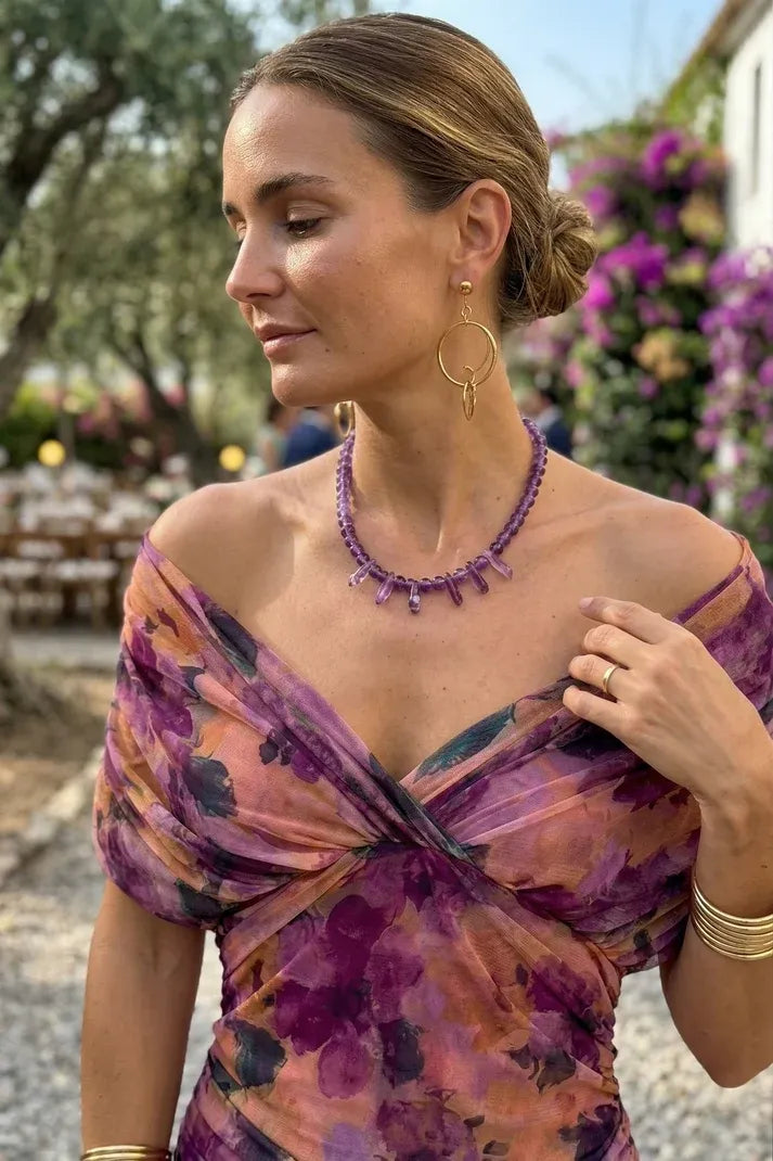 Vestido de Invitada de Boda Largo Hombros Descubiertos Elegante con Drapeado