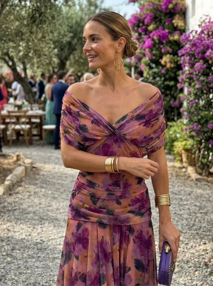 Vestido de Invitada de Boda Largo Hombros Descubiertos Elegante con Drapeado