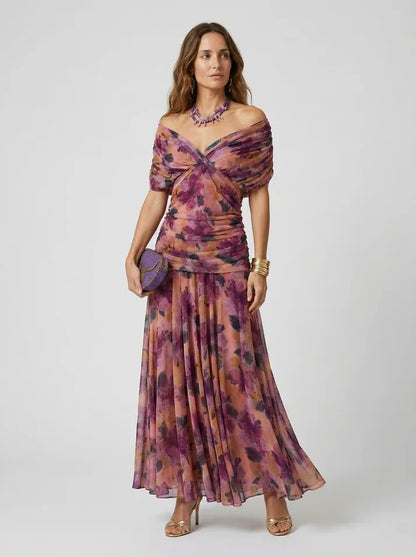 Vestido de Invitada de Boda Largo Hombros Descubiertos Elegante con Drapeado