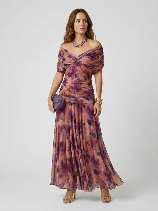 Vestido de Invitada de Boda Largo Hombros Descubiertos Elegante con Drapeado