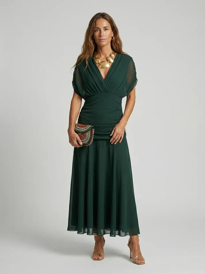 Vestido de Invitada de Boda Largo Hombros Descubiertos Elegante con Drapeado