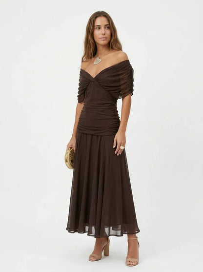 Vestido de Invitada de Boda Largo Hombros Descubiertos Elegante con Drapeado