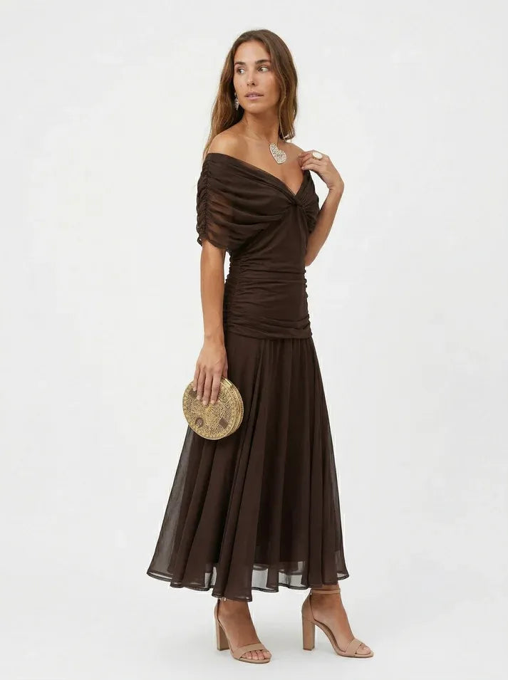 Vestido de Invitada de Boda Largo Hombros Descubiertos Elegante con Drapeado