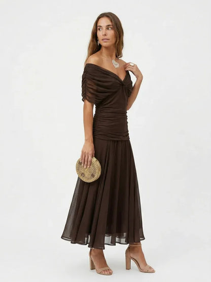 Vestido de Invitada de Boda Largo Hombros Descubiertos Elegante con Drapeado