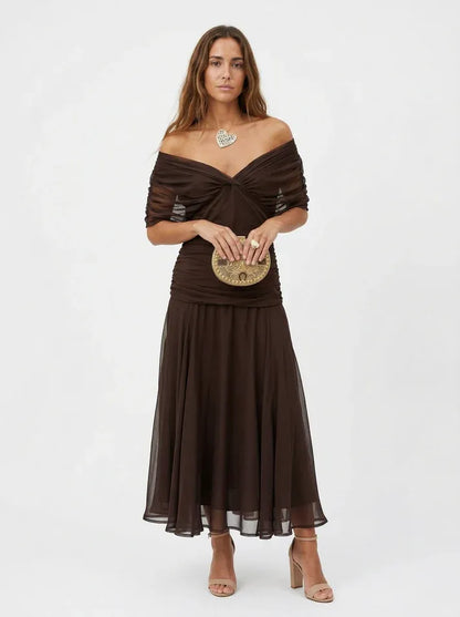 Vestido de Invitada de Boda Largo Hombros Descubiertos Elegante con Drapeado
