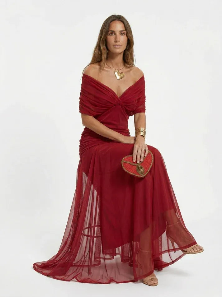 Vestido de Invitada de Boda Largo Hombros Descubiertos Elegante con Drapeado
