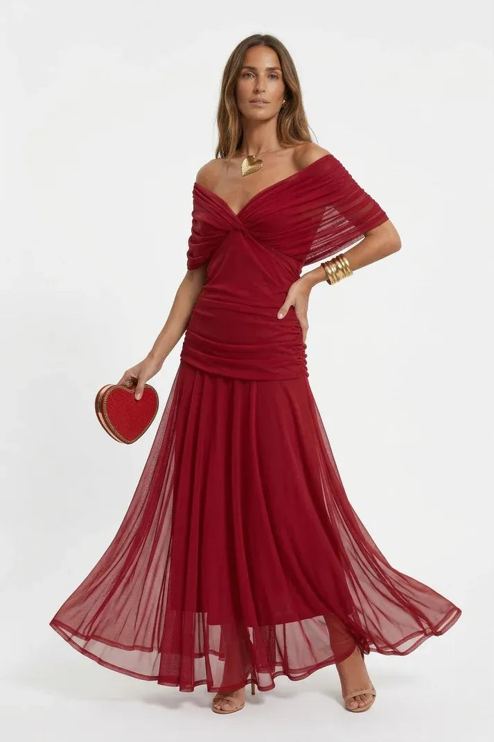 Vestido de Invitada de Boda Largo Hombros Descubiertos Elegante con Drapeado