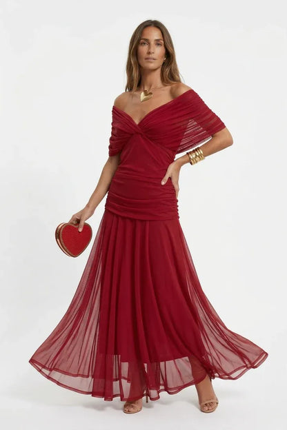Vestido de Invitada de Boda Largo Hombros Descubiertos Elegante con Drapeado