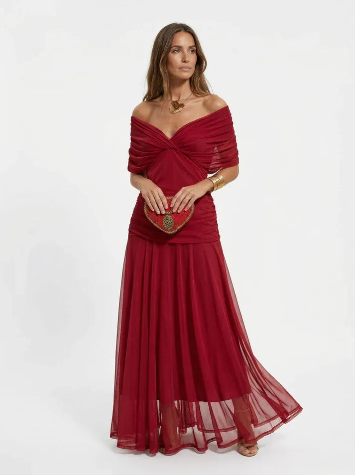 Vestido de Invitada de Boda Largo Hombros Descubiertos Elegante con Drapeado