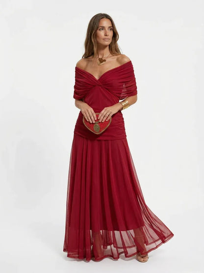 Vestido de Invitada de Boda Largo Hombros Descubiertos Elegante con Drapeado