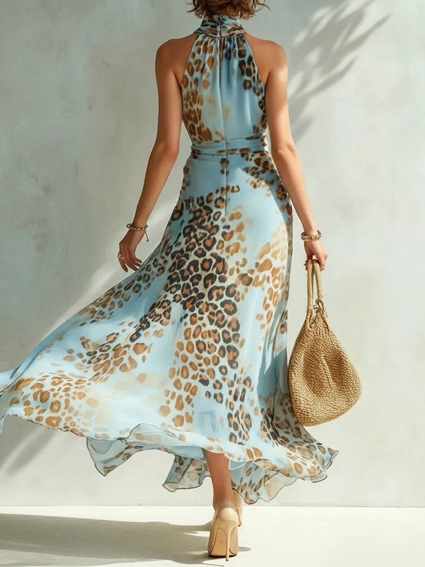 Vestido de Invitada de Boda Largo Leopardo Elegante con Cuello Halter