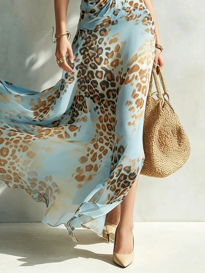 Vestido de Invitada de Boda Largo Leopardo Elegante con Cuello Halter