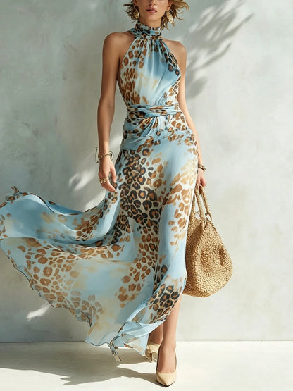 Vestido de Invitada de Boda Largo Leopardo Elegante con Cuello Halter