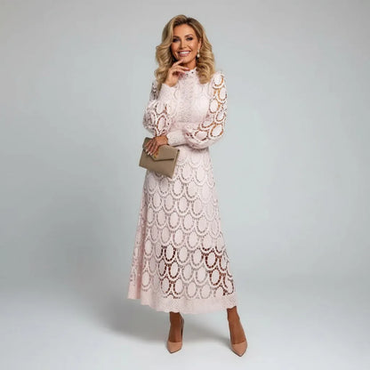 Vestido de Invitada de Boda Largo Manga Larga Encaje con Cuello Alto