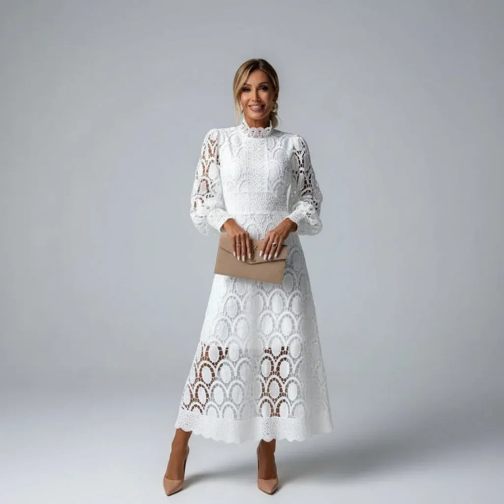 Vestido de Invitada de Boda Largo Manga Larga Encaje con Cuello Alto