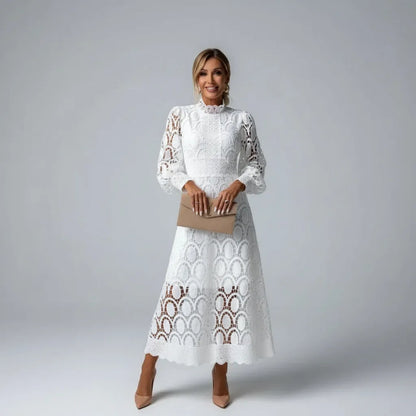 Vestido de Invitada de Boda Largo Manga Larga Encaje con Cuello Alto
