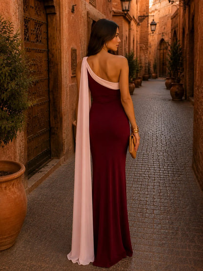 Vestido de Invitada de Boda Largo Minimalista Elegante con Cuello Asimétrico