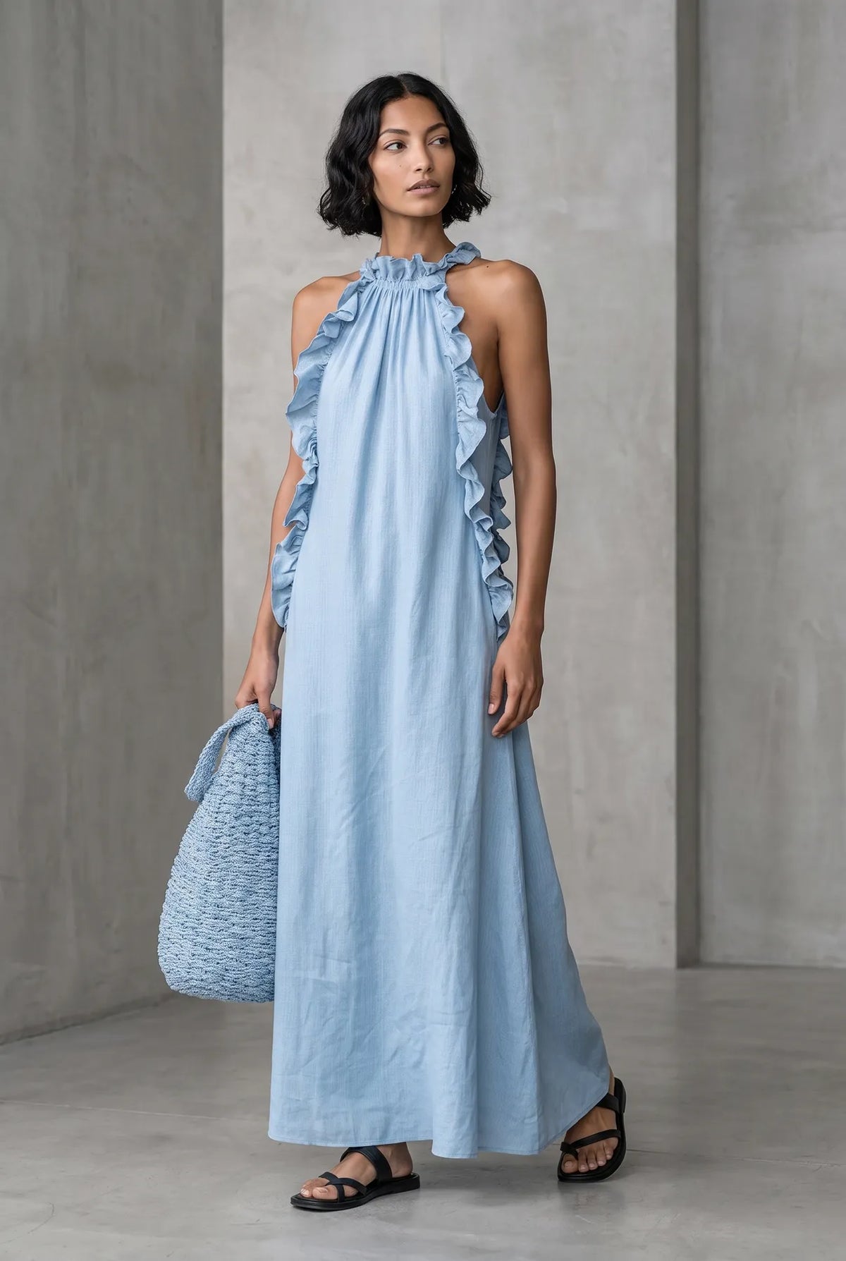Vestido de Invitada de Boda Largo Minimalista Elegante con Volantes