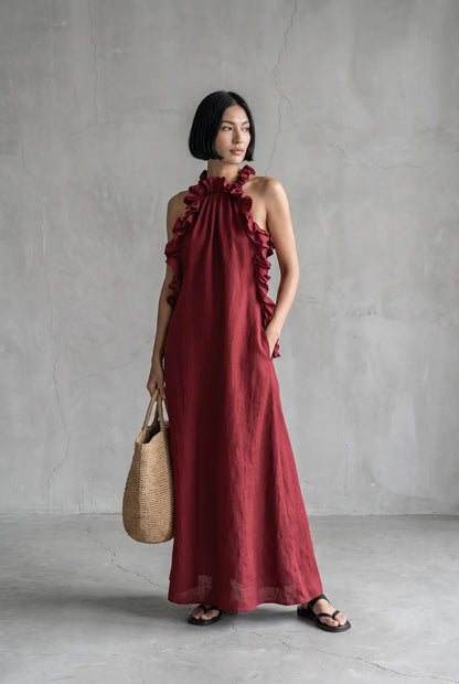 Vestido de Invitada de Boda Largo Minimalista Elegante con Volantes