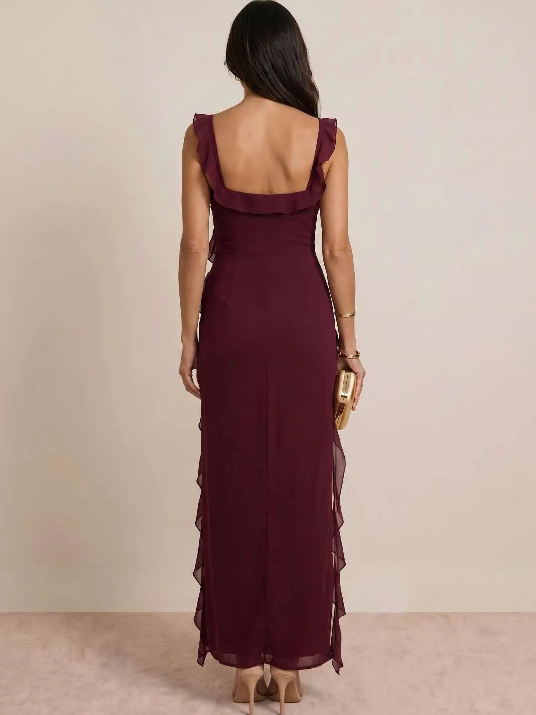 Vestido de Invitada de Boda Largo Moderno Elegante con Volantes