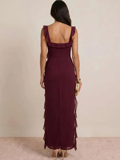 Vestido de Invitada de Boda Largo Moderno Elegante con Volantes
