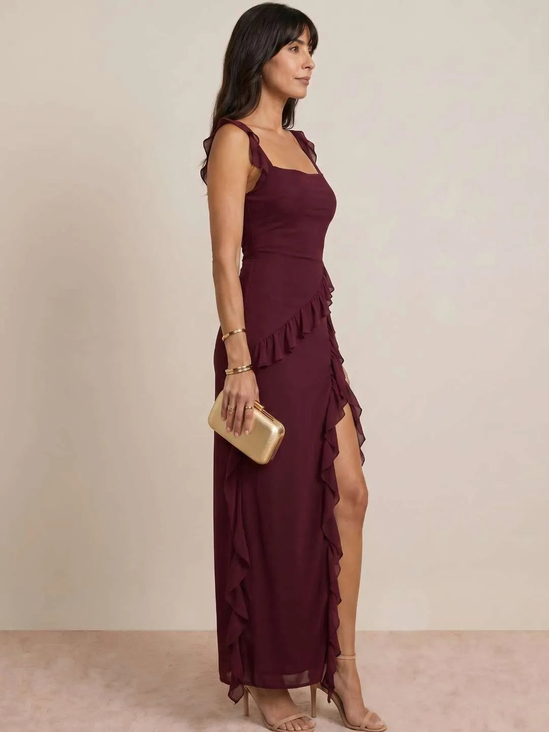 Vestido de Invitada de Boda Largo Moderno Elegante con Volantes