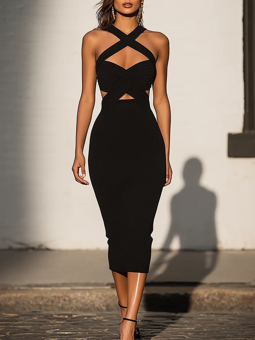Vestido de Invitada de Boda Largo Negro Elegante con Cuello Halter