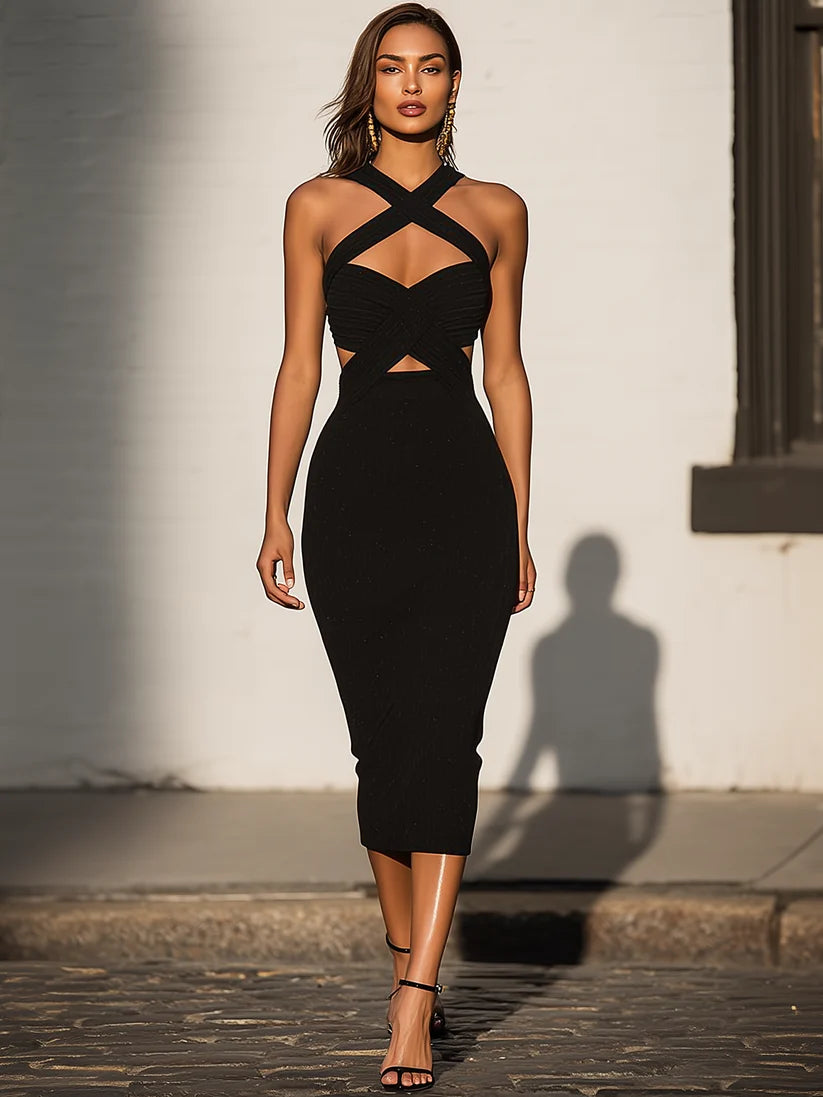 Vestido de Invitada de Boda Largo Negro Elegante con Cuello Halter