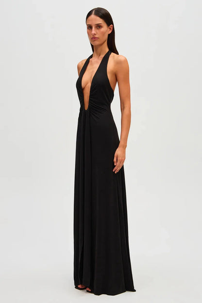 Vestido de Invitada de Boda Largo Negro Elegante con Cuello Halter