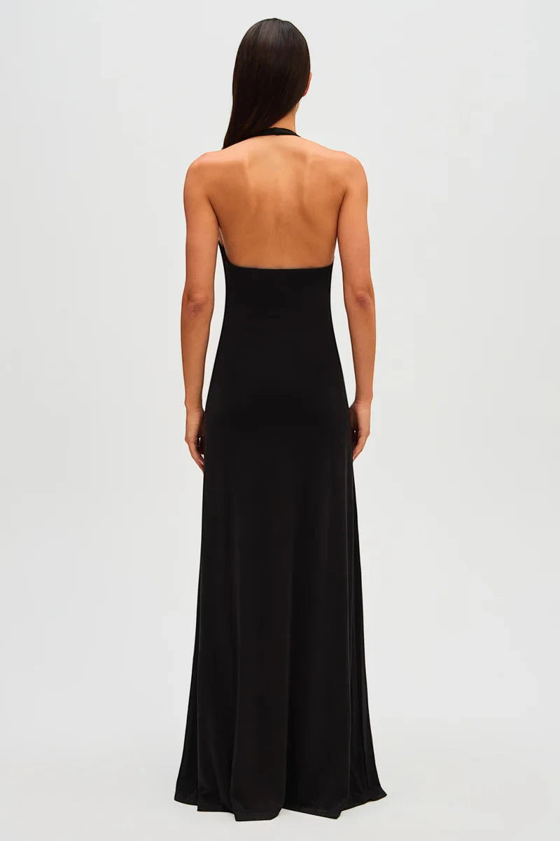 Vestido de Invitada de Boda Largo Negro Elegante con Cuello Halter