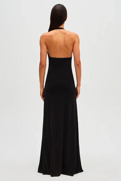 Vestido de Invitada de Boda Largo Negro Elegante con Cuello Halter