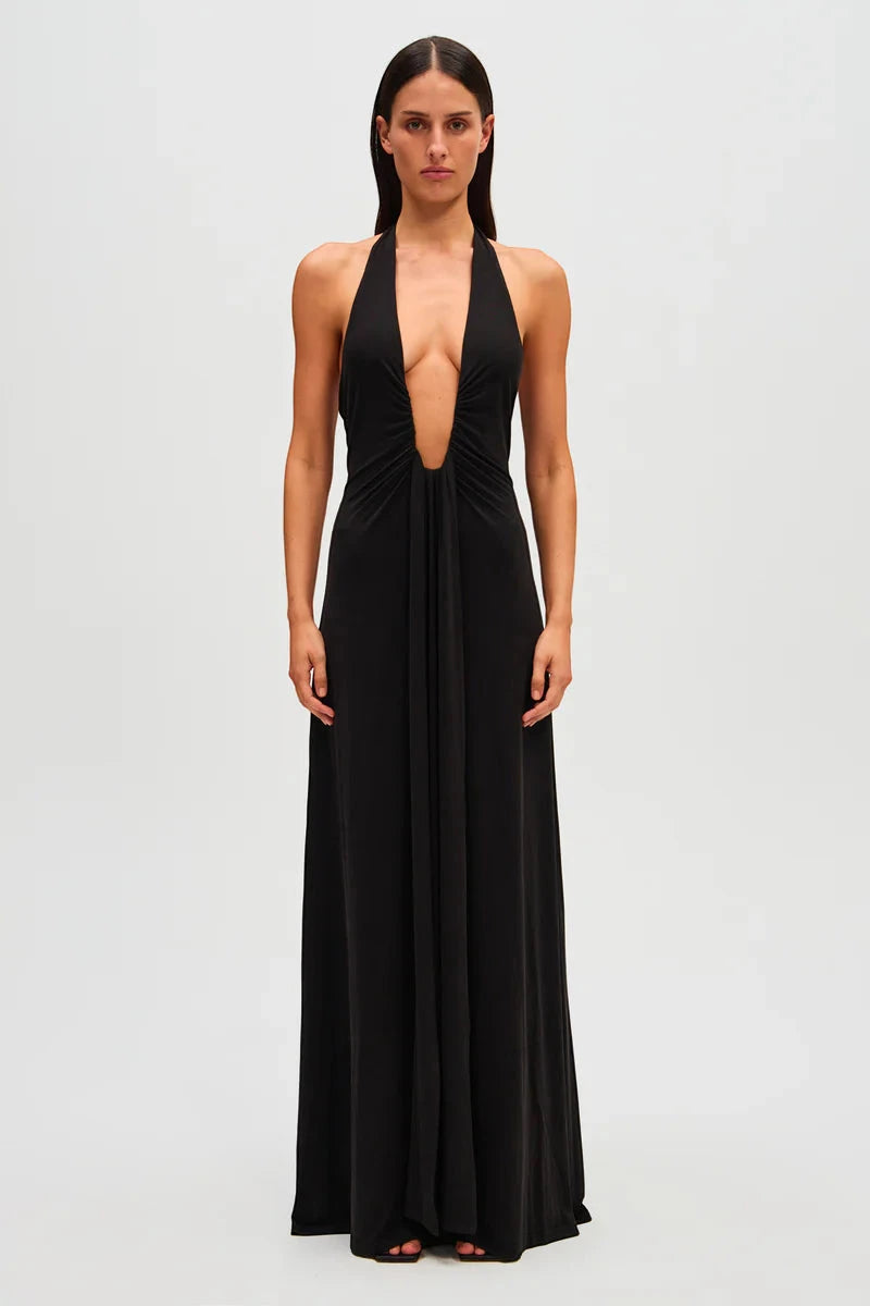 Vestido de Invitada de Boda Largo Negro Elegante con Cuello Halter