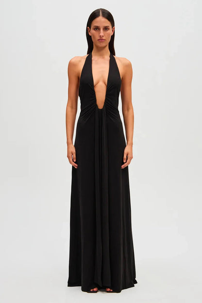 Vestido de Invitada de Boda Largo Negro Elegante con Cuello Halter
