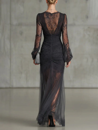 Vestido de Invitada de Boda Largo Negro Elegante con Manga Larga