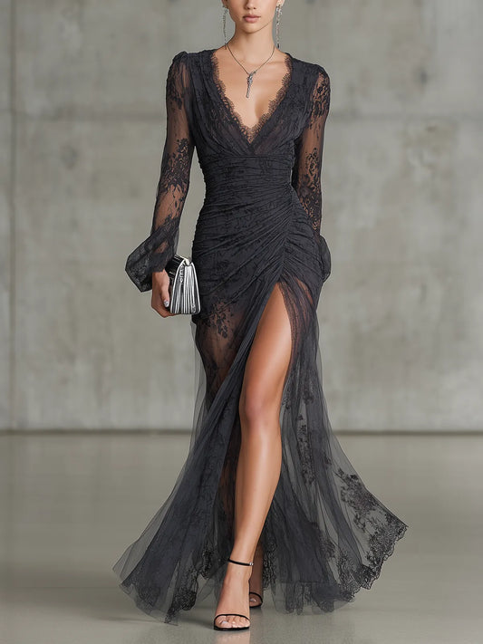 Vestido de Invitada de Boda Largo Negro Elegante con Manga Larga
