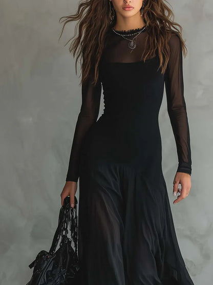 Vestido de Invitada de Boda Largo Negro Sofisticado con Manga Larga