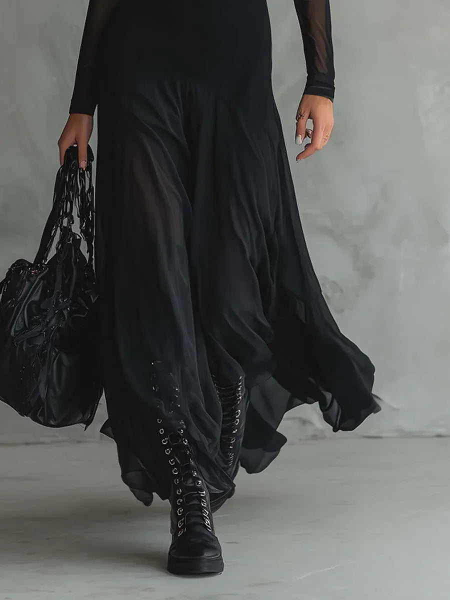 Vestido de Invitada de Boda Largo Negro Sofisticado con Manga Larga