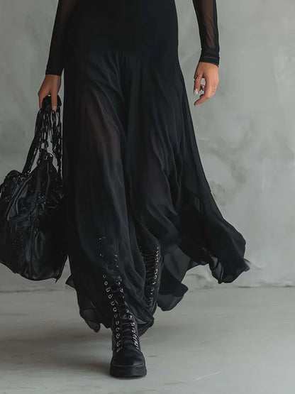 Vestido de Invitada de Boda Largo Negro Sofisticado con Manga Larga